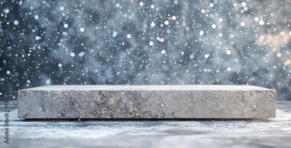 Poster concrete platform in the winter snow scene with falling snowflakes and blurred bokeh background crea