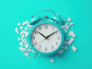 A broken alarm clock symbolizes lost time and urgency.