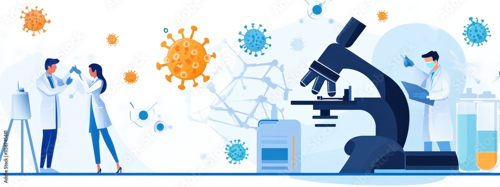 Poster advanced scientific research in laboratory setting featuring microscope, virus illustrations, and co