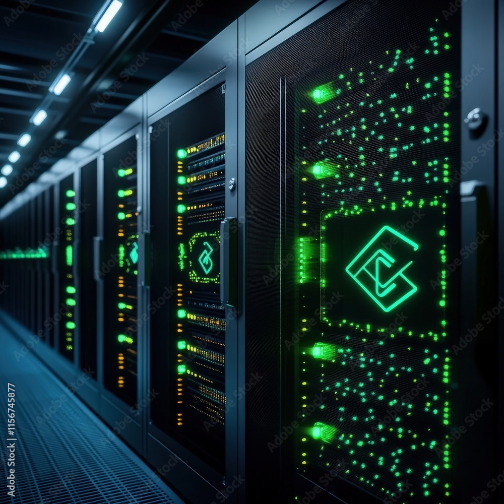 Aufkleber futuristic data center interior with rows of server racks illuminated by green led lights in a high-