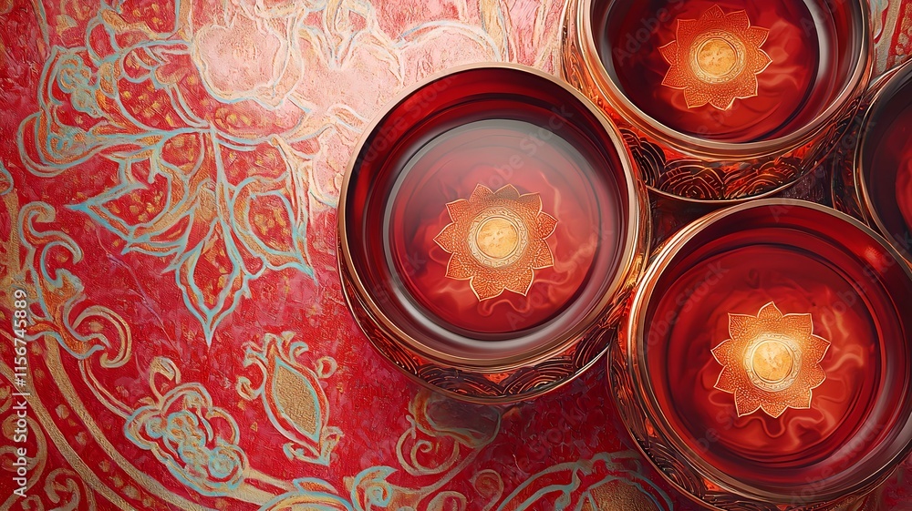 Poster beautifully rendered 3d of red and gold prosperity coins with glowing accents and a clean background