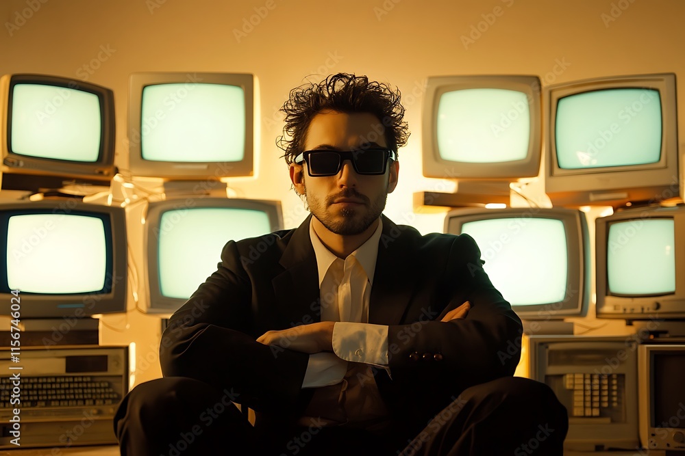 Poster man in suit with retro computers and monitors. concept of technology, data, and the past.