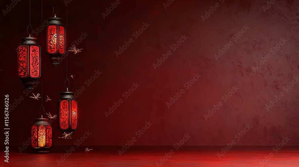 Poster mesmerizing 3d of lanterns and vibrant fireworks with glowing particles on clean backdrop providing 