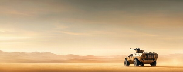 Fototapeta premium A military vehicle on a vast desert landscape under a sunset sky.