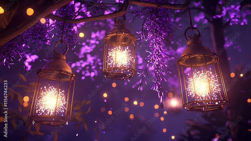 Poster festive lanterns and fireworks with glowing particles on a clean spacious backdrop creating a modern