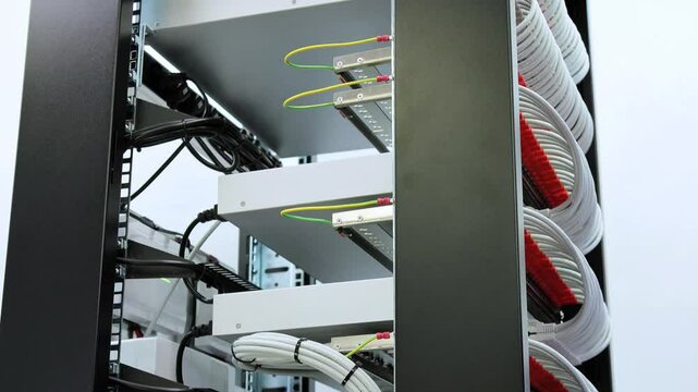 Telecommunication rack with Internet equipment, multimedia amplifiers, video surveillance system. Uninterruptible power supply. Soft focus. 