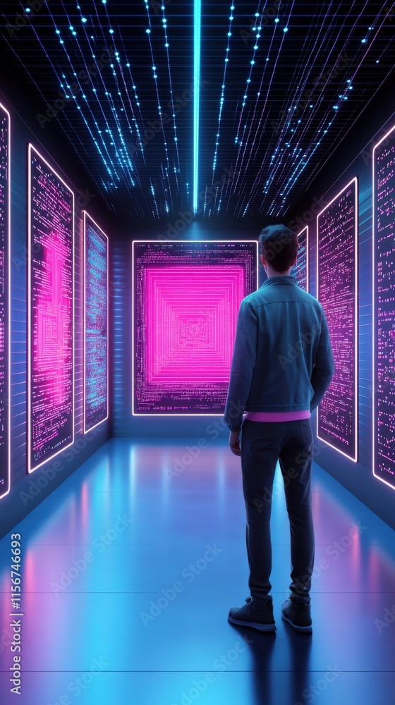 Poster futuristic digital corridor with bright neon lights and a man gazing at a glowing patterned display 