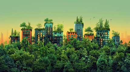 flat design, Illustration Urban Sustainability: Skyscrapers with green walls and rooftop gardens