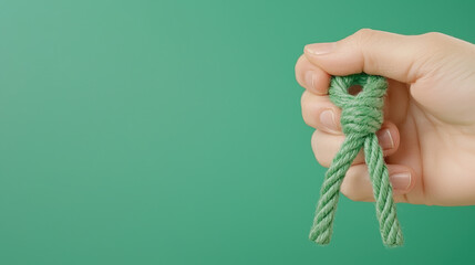 Hand holding green rope tied in knot against plain green background