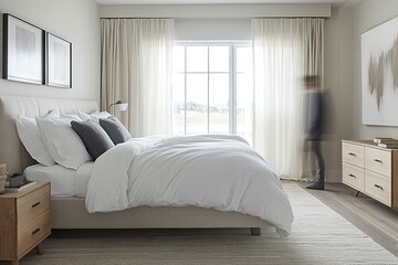 Fototapeta premium Bright bedroom featuring soft linens, modern furniture, and larg