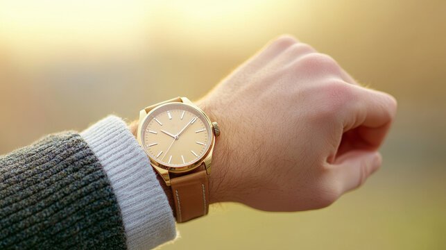 Close-up of hand wearing leather strap wristwatch in warm sunlight