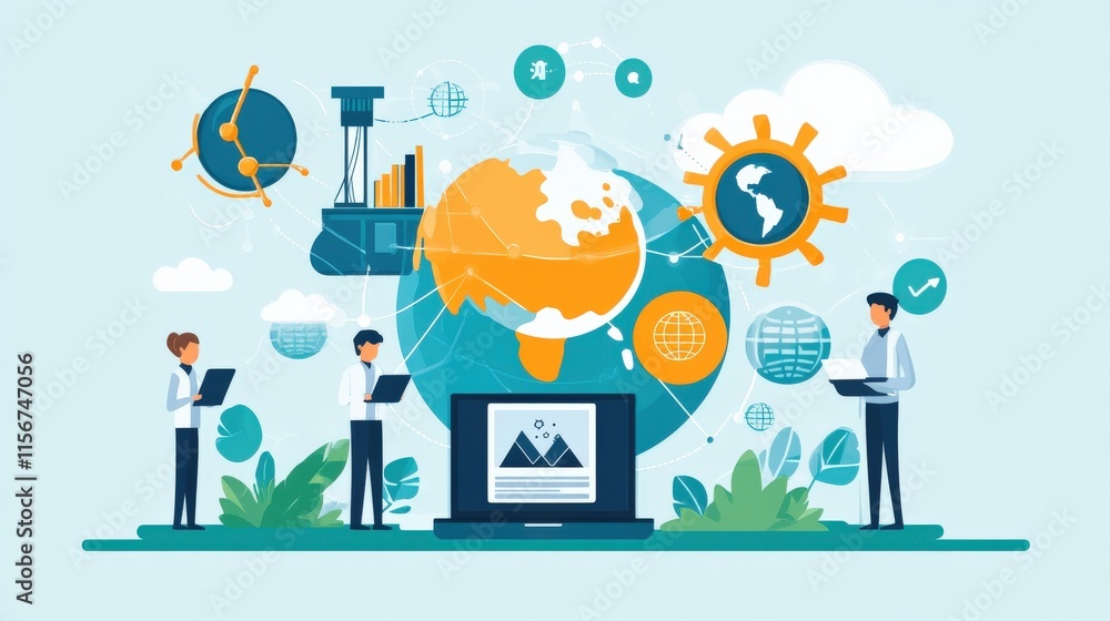 Poster diverse team of professionals engaged in data analytics and global communication in a modern digital