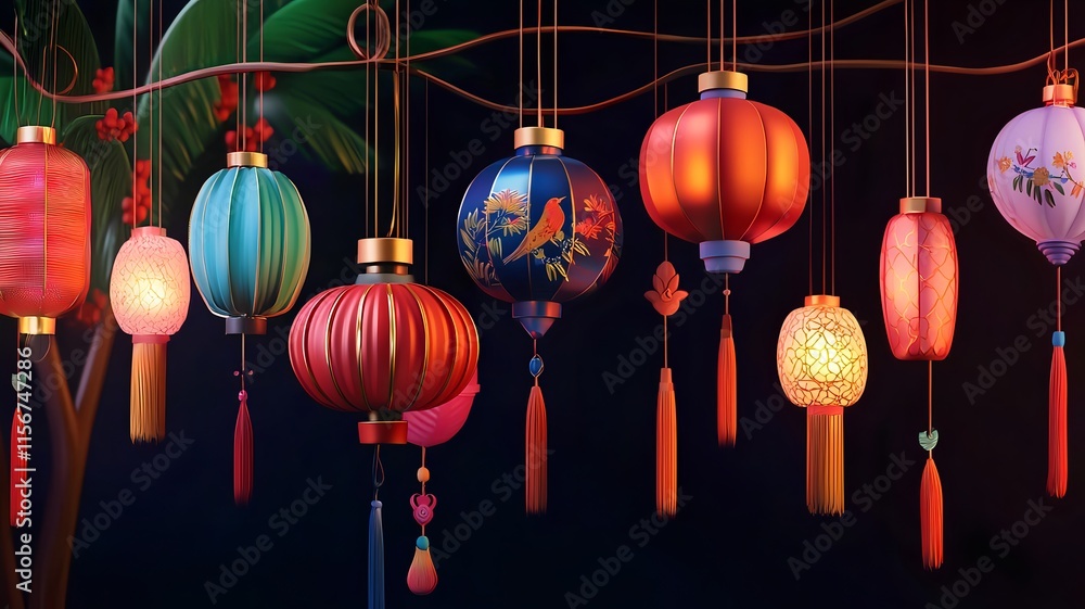 Poster festive lanterns and glowing particles with auspicious prosperity symbols in a clean text friendly 3