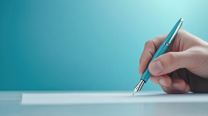 Hand holding fountain pen writing on paper against blue background