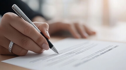 Close-up of hand signing document with pen on desk