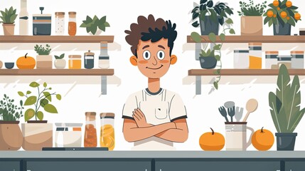 flat design, illustration, Trying Something New: A boy learns to cook for the first time