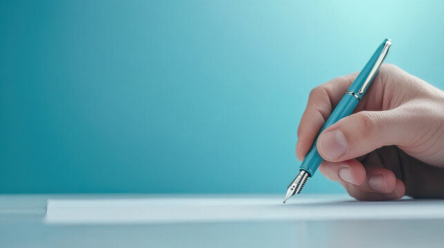 Hand holding fountain pen writing on paper against blue background
