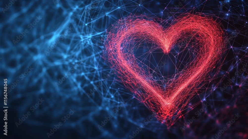 Poster abstract heart shape with glowing lines on a dark background.