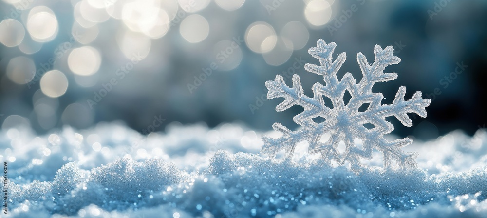 Poster delicate snowflake on soft snow surface with beautiful bokeh background creating a winter wonderland