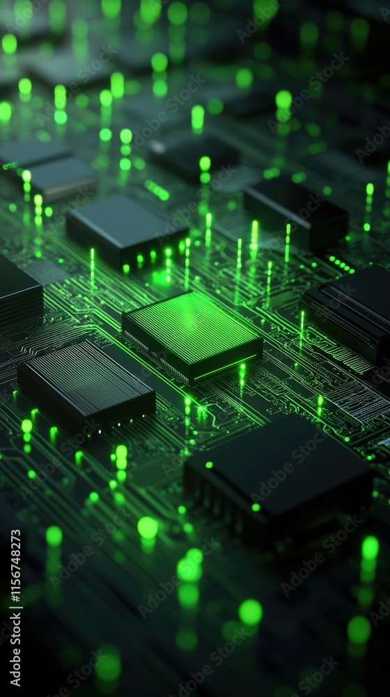 Aufkleber close-up view of a high-tech circuit board with glowing green lights and microchips depicting advanc