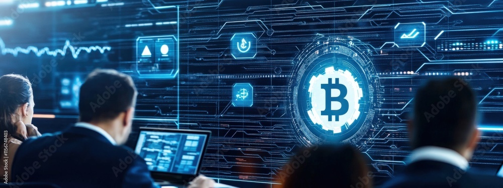 Aufkleber futuristic business meeting with bitcoin technology visualization on screen and focused professional