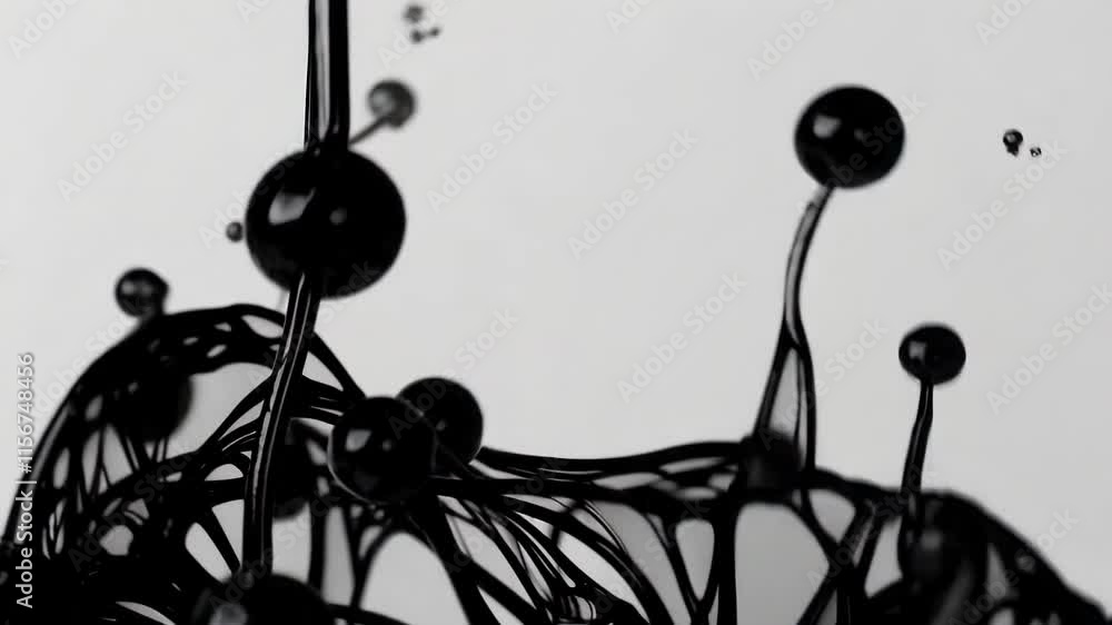 Poster flowing black ink creating intricate swirls in a liquid on a light background
