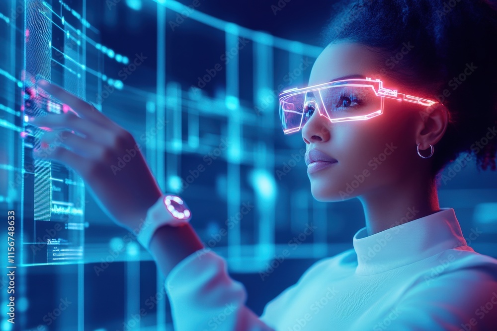 Poster futuristic woman using augmented reality glasses to interact with neon digital display in high-tech 