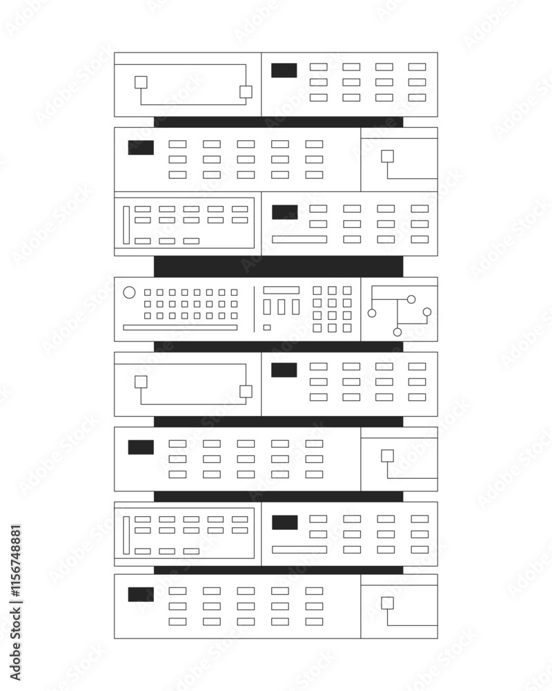 Poster data server rack with panels and buttons black and white 2d line object. computing equipment. digita