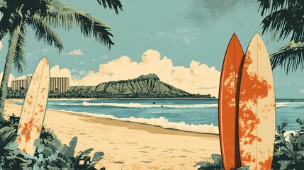 Waikiki Beach Scene With Surfboards And Diamond Head
