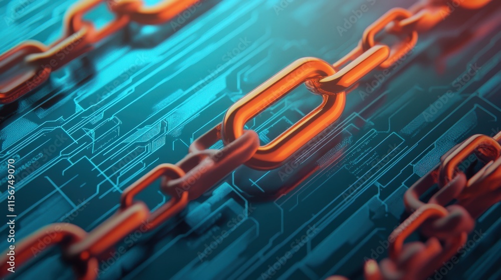 Poster abstract digital representation of technology with glowing orange chain links overlaying a futuristi