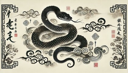 Chinese Zodiac Snake Sign - Year of the Snake - Cycle of Animals and Chinese Calendar - Asian Zodiac and Astrology - New Year Animal - Water, Earth, Wood, Metal and Fire - Ink Painting