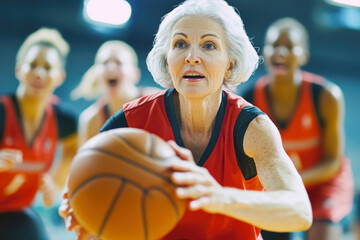 Elderly caucasian female playing basketball with diverse team