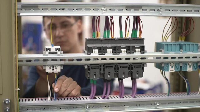 Electrical cabinet.connect electrical wire.Video with words movement.CHK high gate footage