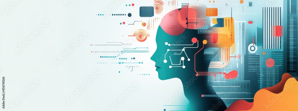 Poster abstract representation of a human silhouette with technology elements showcasing innovation, digita