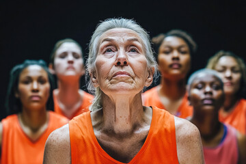 Elderly caucasian female leading a diverse group of young female basketball players