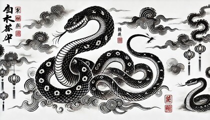 Chinese Zodiac Snake Sign - Year of the Snake - Cycle of Animals and Chinese Calendar - Asian Zodiac and Astrology - New Year Animal - Water, Earth, Wood, Metal and Fire - Ink Painting