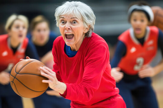 Elderly caucasian female playing basketball with young teammates in action-packed game