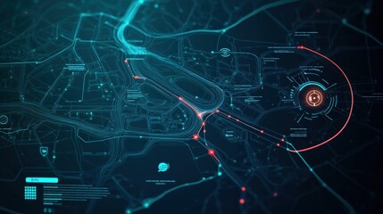 Futuristic Highway Map with Data Overlays and Interface Elements for Urban Navigation and Traffic Analysis in High-Tech Settings