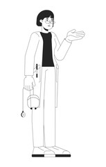 Asian female doctor in white coat gesturing with stethoscope black and white 2D line character. Medical explanation. Woman practitioner isolated vector outline person. Monochromatic spot illustration