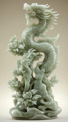 Sculpture traditionnelle chinoise en jade avec des motifs mythologiques et floraux