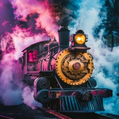 Vintage steam locomotive emitting colorful smoke, close-up view.