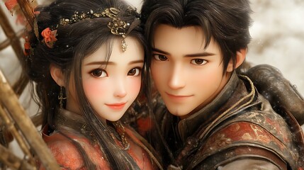 Close-up portrait of a young couple in traditional Chinese attire, set against a snowy background.