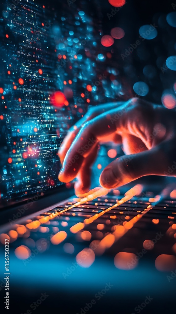Poster hand typing on laptop with digital data stream