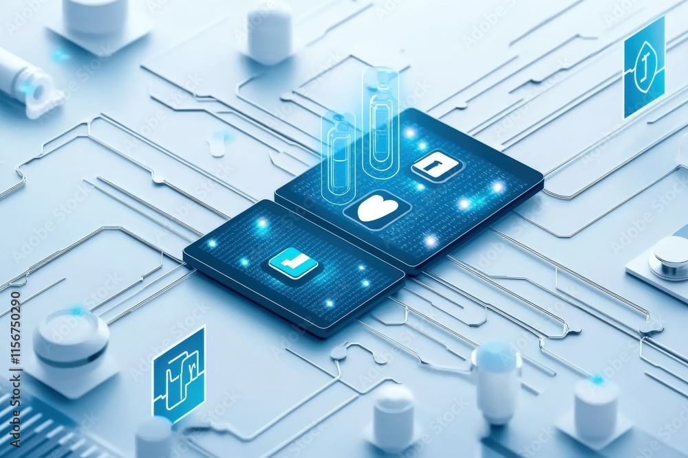 Poster futuristic digital interface with health and security icons integrated into technology circuit backg