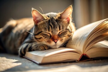 Silhouette of Cute Cat Napping on Open Book Margin - Elegant Pet Photography