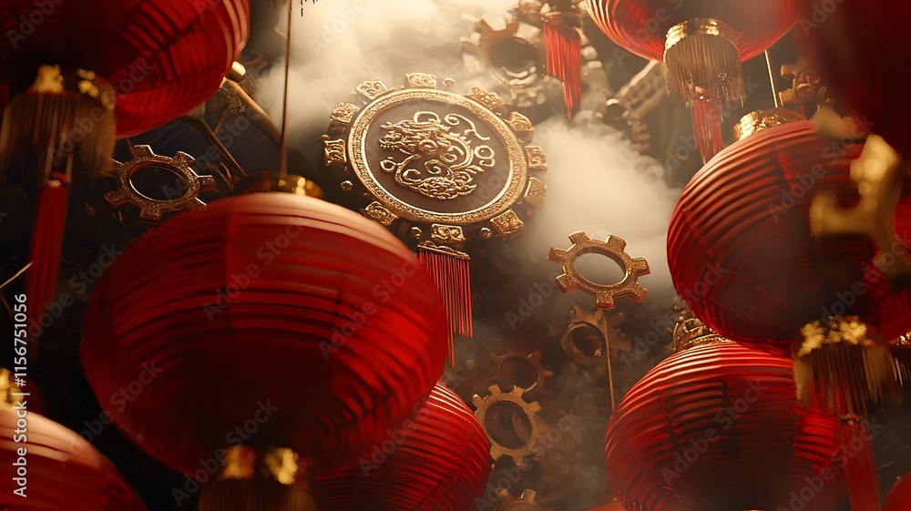 Poster intricate and futuristic steampunk inspired design for a chinese new year an arrangement of ornament