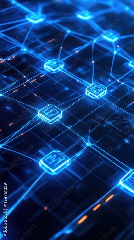 Poster futuristic digital network with glowing connections and abstract icons representing communication an