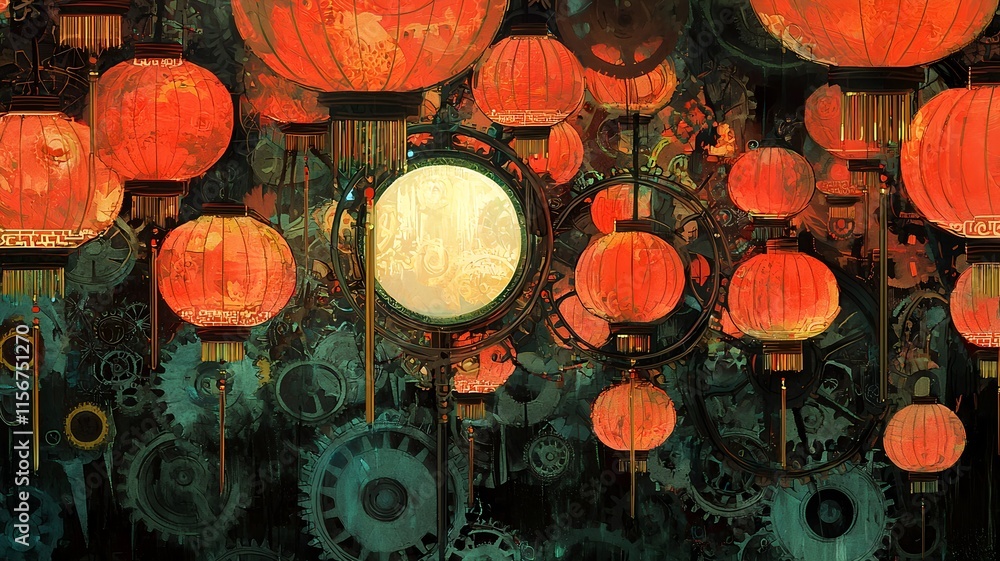 Poster steampunk inspired chinese new year with intricate metallic gears cogs and vibrant red lanterns agai