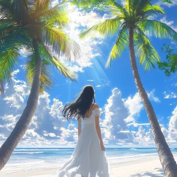 Anime Girl back shot in white dress on the beach with coconut trees and blue sky in the summer
