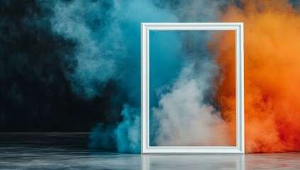 Colorful powder in the shape of an empty white photo frame on black background